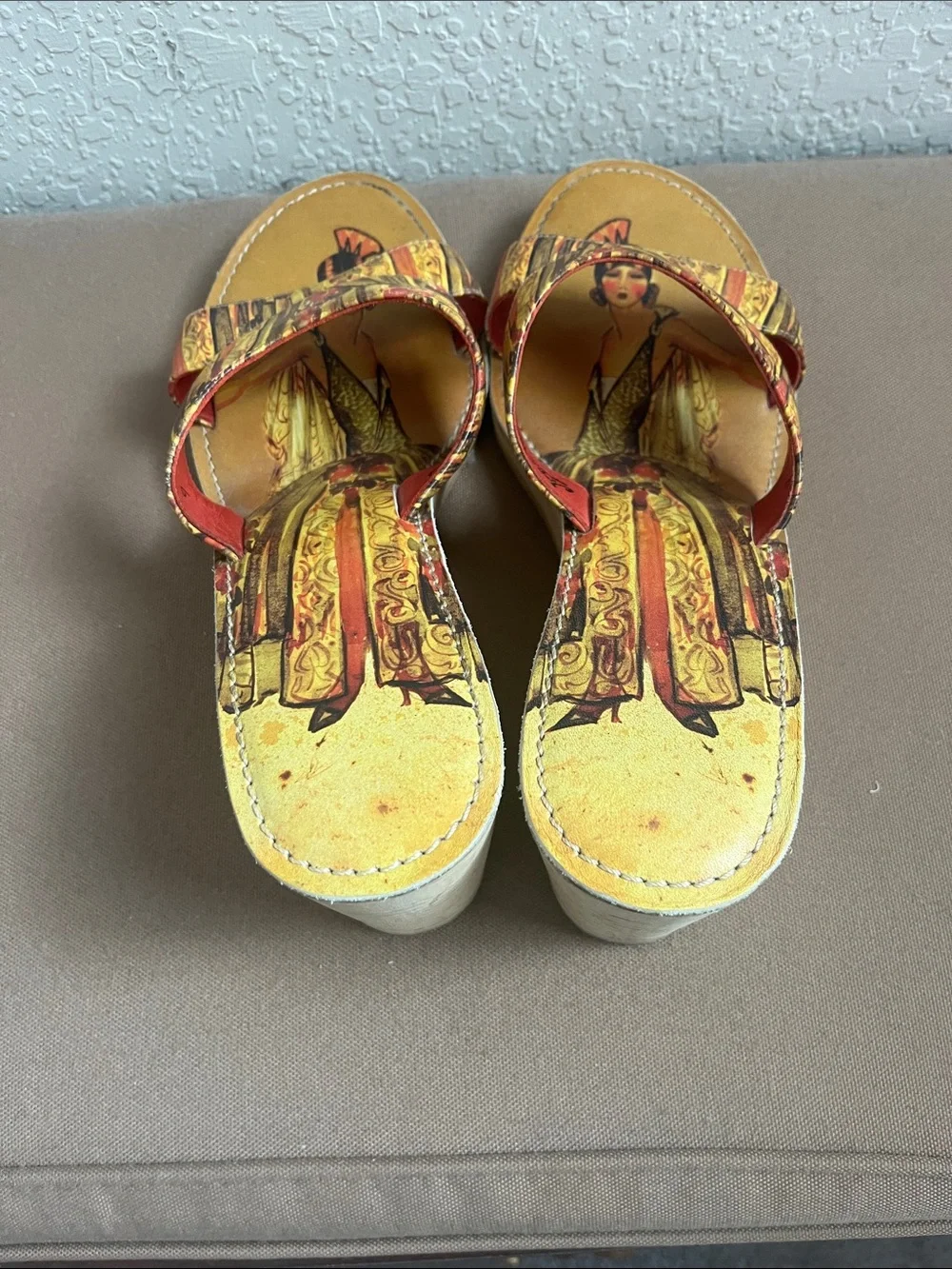 Icon Wearable Art 1920s Flapper Cork Platform Wedge Sandals Size 9 Leather EUC